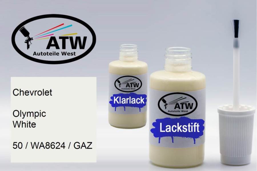 Chevrolet, Olympic White, 50 / WA8624 / GAZ: 20ml Lackstift + 20ml Klarlack - Set, von ATW Autoteile West.
